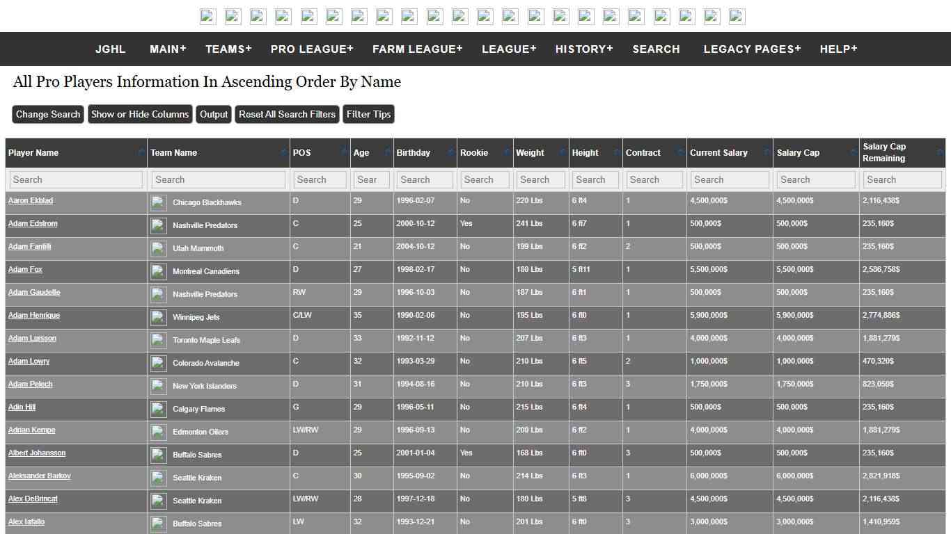 JGHL - All Pro Players Information In Ascending Order By Name